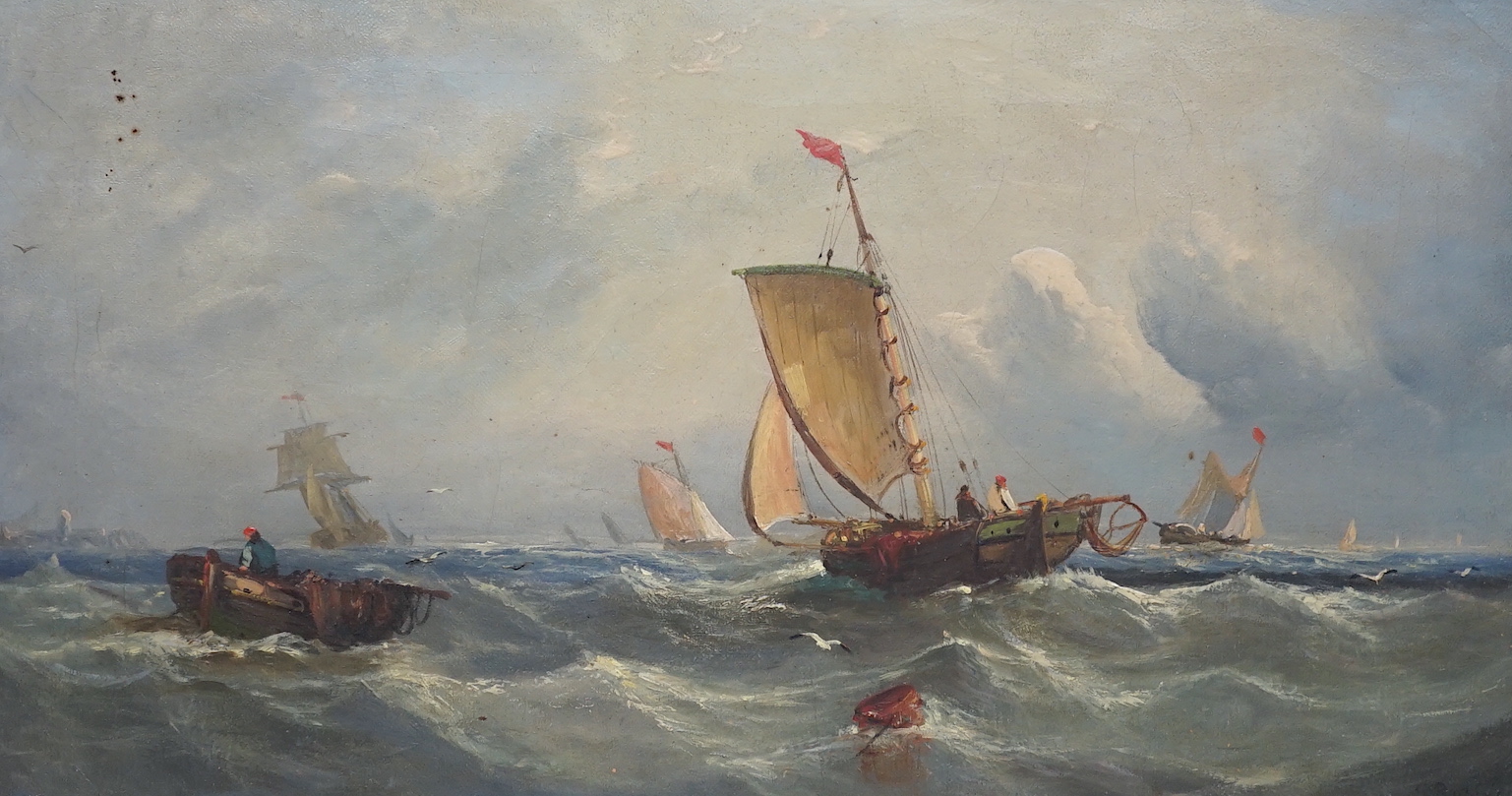 Circle of Thomas Sewell Robins (1810-1880), oil on canvas, Shipping at sea, signed S.Robins, 29 x 54cm